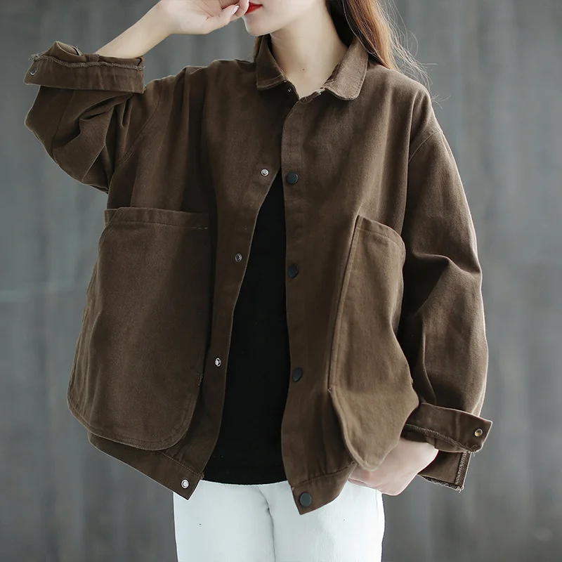 2022 Autumn Solid Large Pocket Cotton Short Coat Loose Slim Collar Single breasted Long Sleeve Single layer Top
2022 Autumn Solid Large Pocket Cotton Short Coat Loose Slim Collar Single breasted Long Sleeve Single layer Top