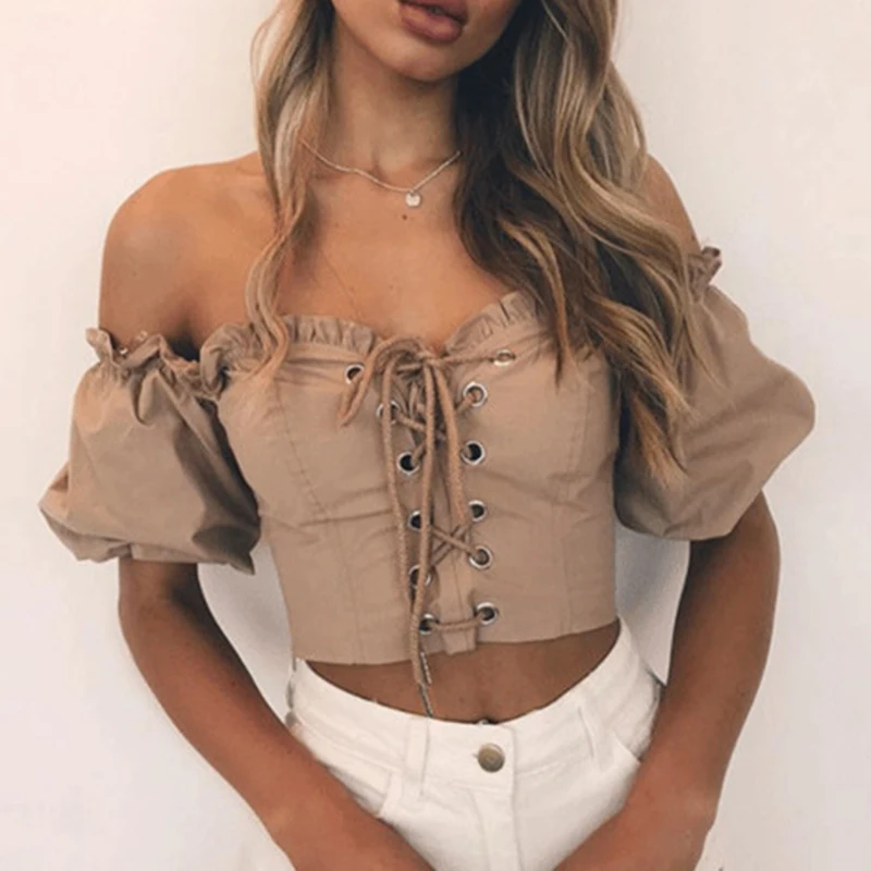Slash Neck Bandage Smocked Cropped Navel Short-sleeved T-shirt Slim Fit Women's Sexy Tops Women Clothes
Slash Neck Bandage Smocked Cropped Navel Short-sleeved T-shirt Slim Fit Women's Sexy Tops Women Clothes