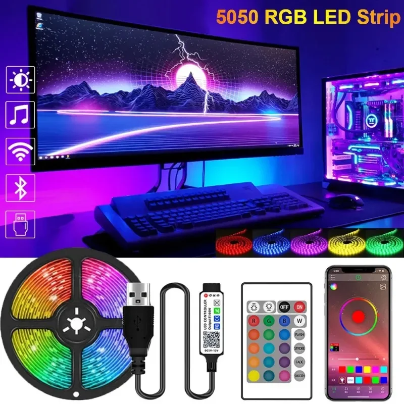 

Светодиодная лента 5050, RGB, 5 В, USB, Bluetooth, гибкая светодиодная лента для подсветки телевизора, настольного ПК, Рождественский Декор