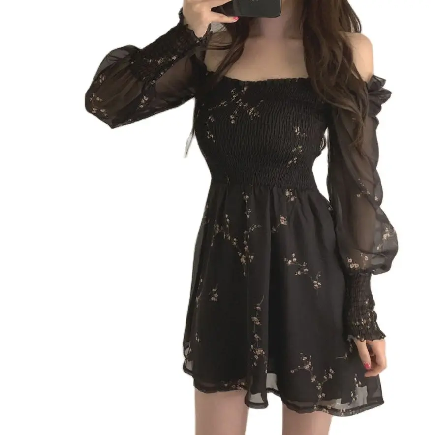 Spring Women Sexy Black Dress Vintage Flower Long Puff Sleeve Chiffon Mini Dresses
Spring Women Sexy Black Dress Vintage Flower Long Puff Sleeve Chiffon Mini Dresses