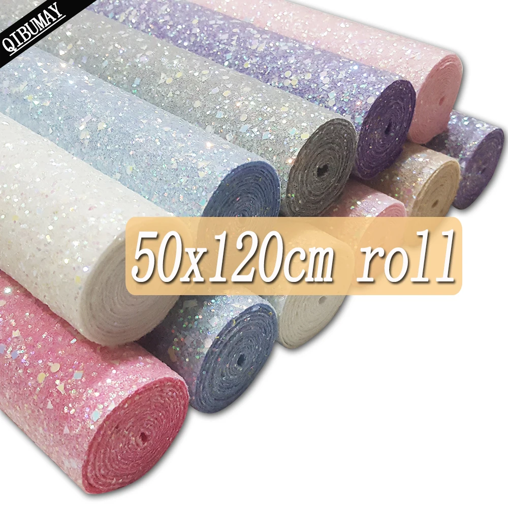 

QIBU 50x120cm Chunky Glitter Fabric Roll Shiny Solid Color Big Size Synthetic Leather By Yard For Bags DIY Hairbow Accessories