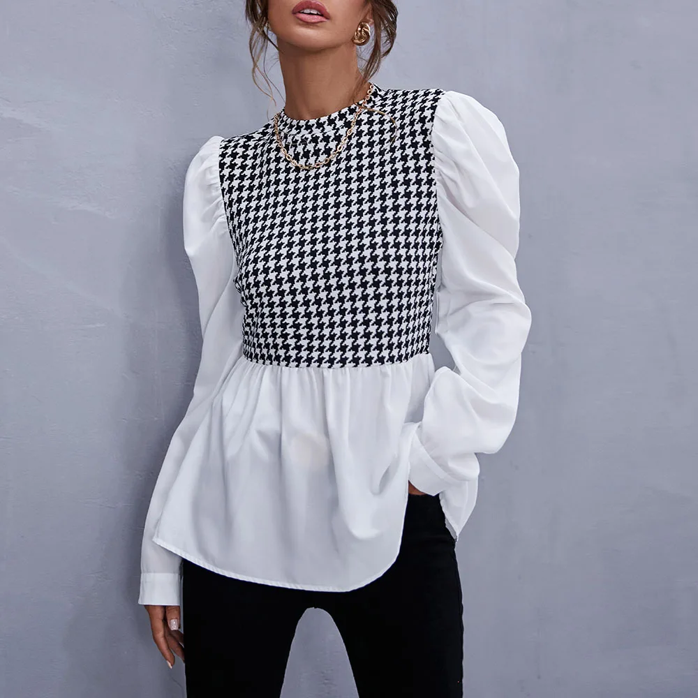 Vintage Blouse Women Houndstooth Fashion Double-Layer Long Sleeves O Neck Female Elegant Ladylike Tops Shirt Blouse 2022 Spring 
Vintage Blouse Women Houndstooth Fashion Double-Layer Long Sleeves O Neck Female Elegant Ladylike Tops Shirt Blouse 2022 Spring