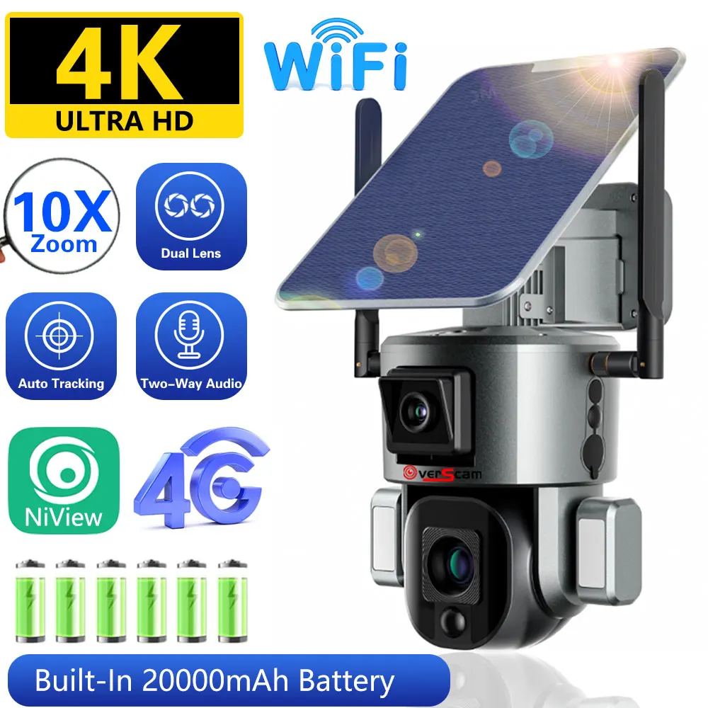 

OVERSCAM 4K HD Dual Scrceen Preview 4G Solar Camera Outdoor WIFI 10X Optical Zoom Two-way Audio Color Night Vision CCTV Camera