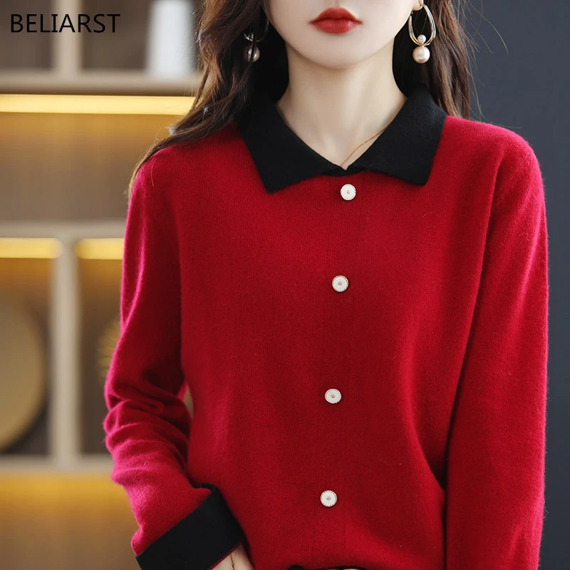 BELIARST Spring /Autumn New Cashmere Sweater Women's Doll Collar Sweater Casual Colorblock Knit Tops 100% Pure Wool Sweater
BELIARST Spring /Autumn New Cashmere Sweater Women's Doll Collar Sweater Casual Colorblock Knit Tops 100% Pure Wool Sweater