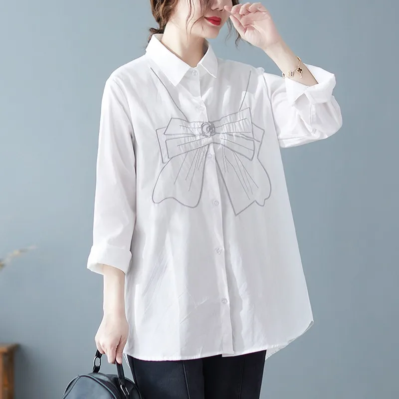 Women Casual Shirts New Arrival 2022 Spring Simple Style Bowknot Embroidery Loose Female Long Sleeve Cotton Tops Shirt B1572
Women Casual Shirts New Arrival 2022 Spring Simple Style Bowknot Embroidery Loose Female Long Sleeve Cotton Tops Shirt B1572