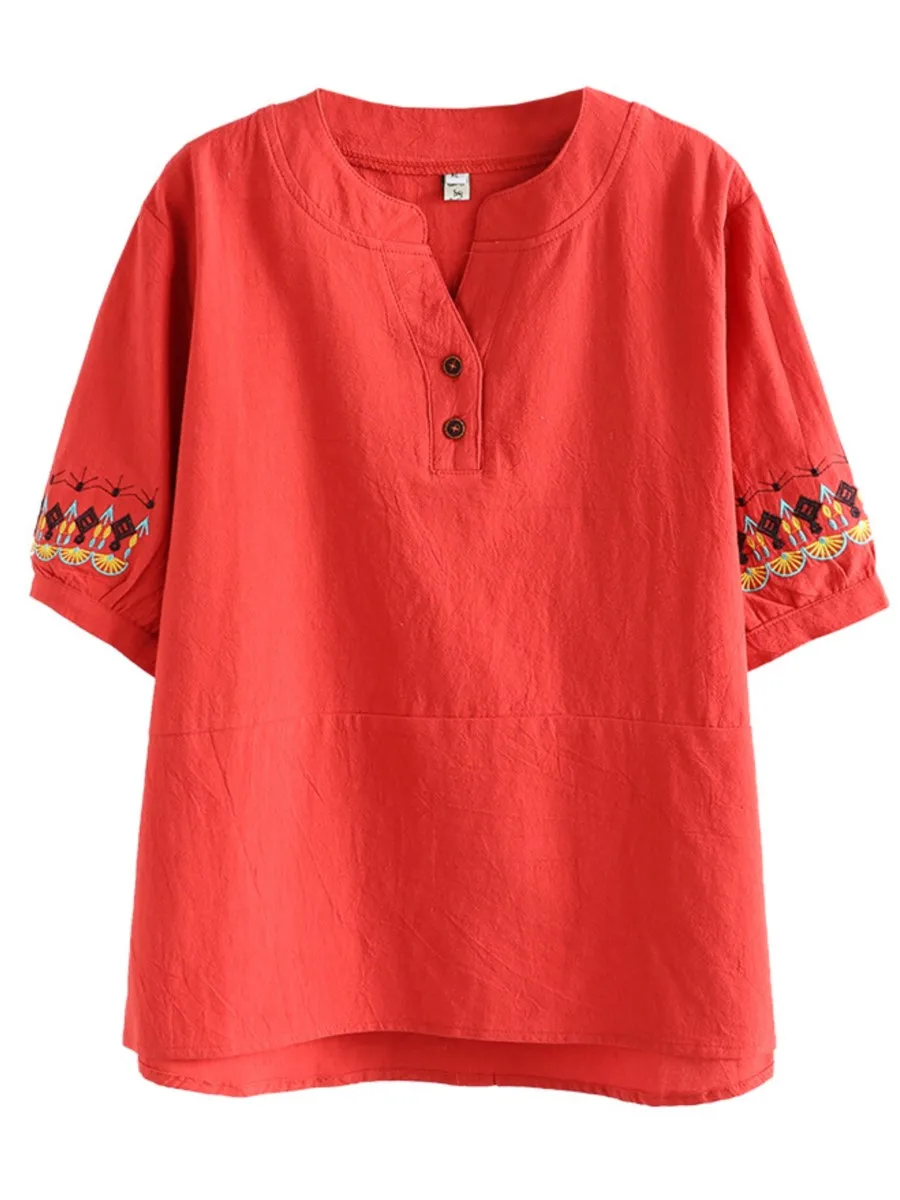 Women's Plus Size T-Shirt Cotton Linen Ethnic Style Embroidery Tee 2022 Summer Short Sleeve V-Neck Tops 
Women's Plus Size T-Shirt Cotton Linen Ethnic Style Embroidery Tee 2022 Summer Short Sleeve V-Neck Tops