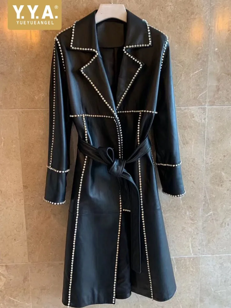 

Designer Women Sheepskin Sashes Long Trench Coat Streetwear Diamonds Genuine Leather Windbreakers Female Elegant Office Overcoat