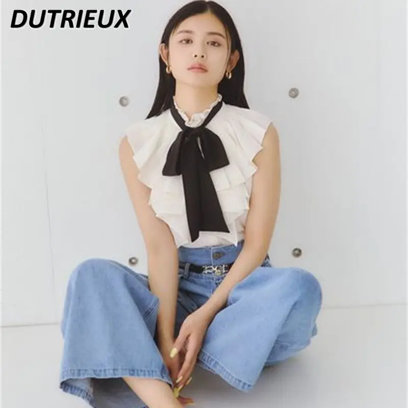 Japanese Style Early Autumn New Sweet Blouse Lotus Leaf Bow Tie Lace-up Sleeveless Shirt Single Breasted Top for Women
Japanese Style Early Autumn New Sweet Blouse Lotus Leaf Bow Tie Lace-up Sleeveless Shirt Single Breasted Top for Women