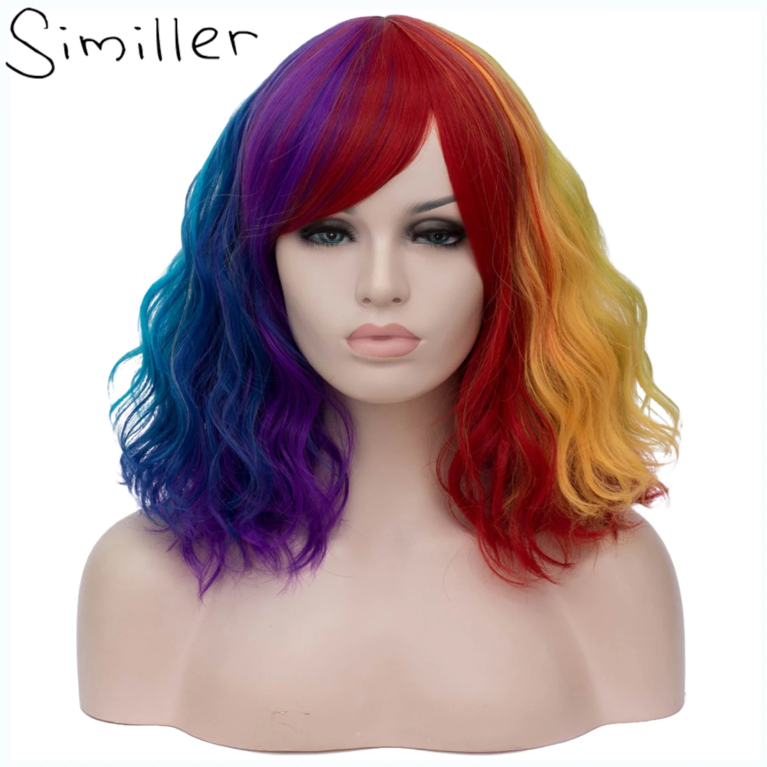 

Similler Curly Synthetic Short Mermaid Wigs for Women Cosplay Heat Resistance Hair Highlight Ombre Rainbow Wigs With Cap