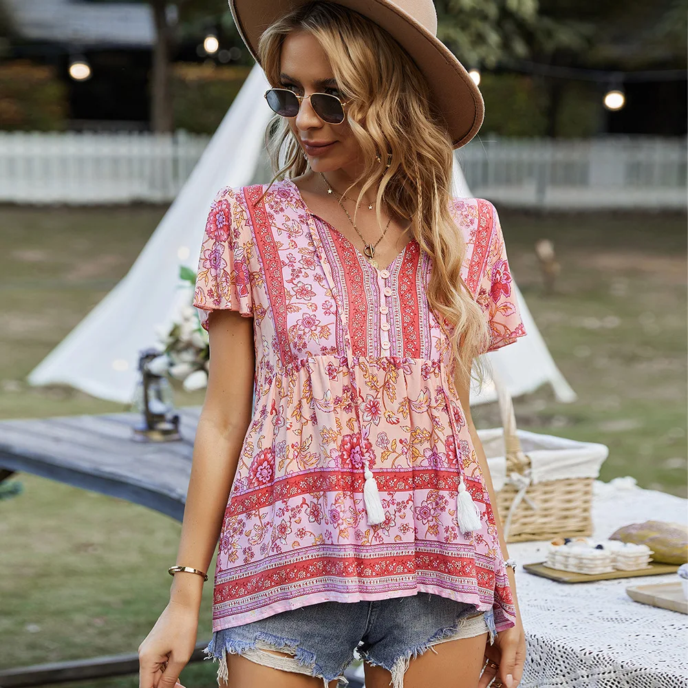 

Self-designed Fashion Women's T-shirt Spring and Summer Bohemian Leisure Resort Style Top Women Clothing