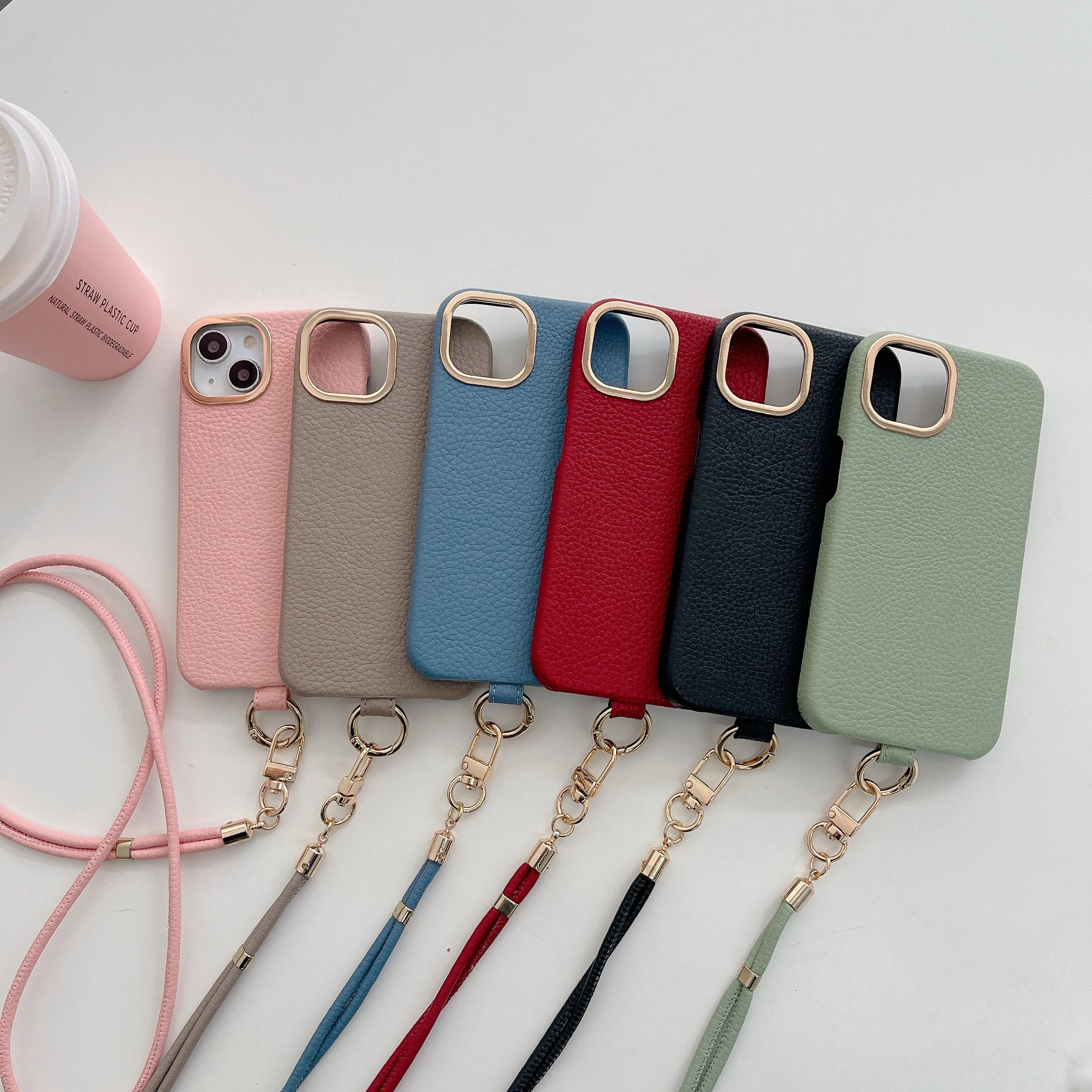 

Luxury Long Lanyard Strap Leather Phone Case For iPhone12 13 14 15Pro Max Mini Xs Xr XsMax SE 7 8 Plus PU Lychee Pattern Cover