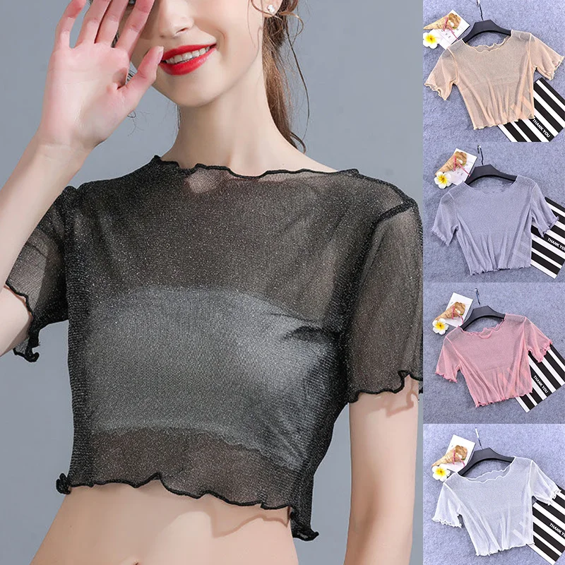 Women See-through Mesh T Shirts Short Sleeve Seamless Short Top with Fungus Mesh Elegant Sexy Wild T-shirts Slim Thin Tee Top
Women See-through Mesh T Shirts Short Sleeve Seamless Short Top with Fungus Mesh Elegant Sexy Wild T-shirts Slim Thin Tee Top