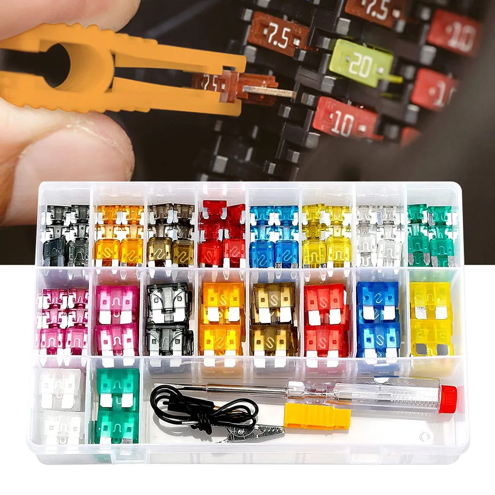 Car Blade Fuse Assortment Kit 5A 10A 15A 20A 25A 30A 35A Standard Mini Blade Fuse Set Replacement with Tester Pen for Car Trunk
Car Blade Fuse Assortment Kit 5A 10A 15A 20A 25A 30A 35A Standard Mini Blade Fuse Set Replacement with Tester Pen for Car Trunk