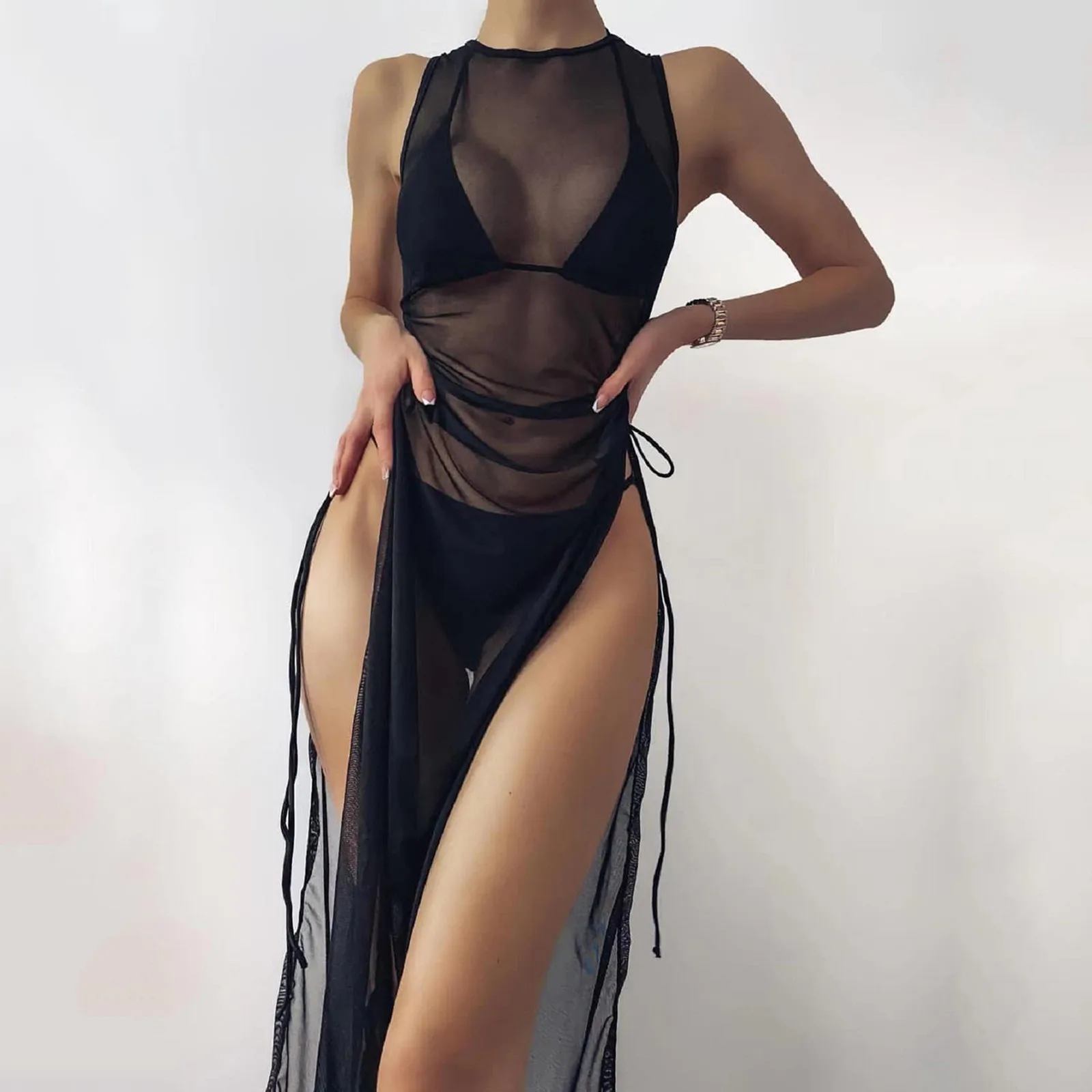 

Sexy Sheer Black Long Cover Up Bikini Women Swimsuit Cover-up Beach Bathing Suit Wraps Cover Swimwear Mesh Linked Beach Dress