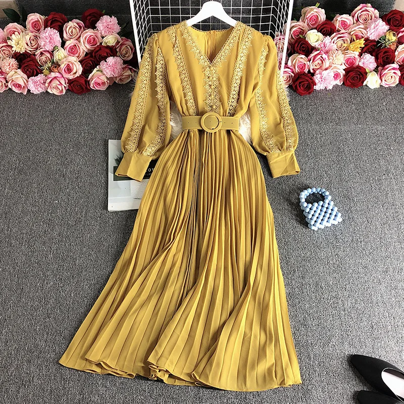 High Quality High Waist Party Dress Autumn Winter V Neck Lace Patchwork Puff Sleeve Chiffon Dress Office Ladies Elegant Dresses 
High Quality High Waist Party Dress Autumn Winter V Neck Lace Patchwork Puff Sleeve Chiffon Dress Office Ladies Elegant Dresses
