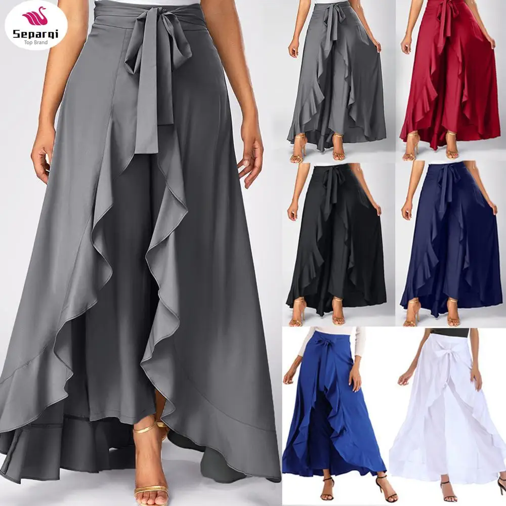 

Summer Irregular Skirts Womens Solid Front Overlay Pants Ruffle Skirts Fashion Ladies Belt Boho Long Skirt Falda Mujer 2023