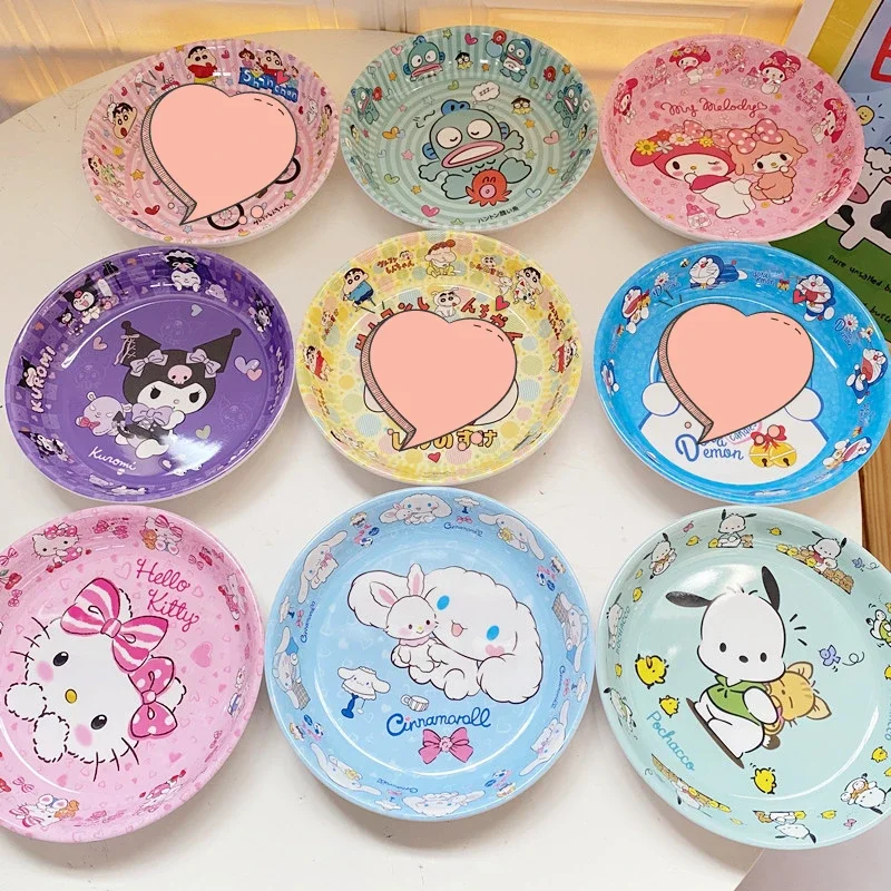 

Kawaii Sanrio, Hello Kitty My Melody Kuromi Cinnamoroll симпатичная круглая обеденная тарелка из меламинового материала кухонная утварь с защитой от падения
