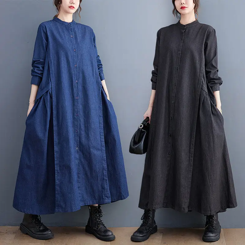 Casual Large Size Women's Clothing 2022 Autumn Loose Denim Stitching Pleated Mid-Length Temperament Shirt Dress Female Robe T569
Casual Large Size Women's Clothing 2022 Autumn Loose Denim Stitching Pleated Mid-Length Temperament Shirt Dress Female Robe T569
