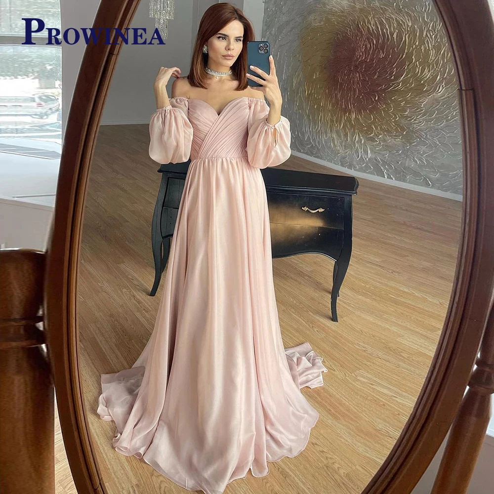 PROWINEA Elegant Blush Pink Long Sleeve Evening Dress Off The Shoulder White Chiffon Women Summer Beach Wedding Robes De Soirée
PROWINEA Elegant Blush Pink Long Sleeve Evening Dress Off The Shoulder White Chiffon Women Summer Beach Wedding Robes De Soirée
