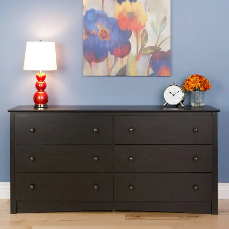 Sonoma 6 Drawer Wooden Double Dresser, 16" x 59" x 29", Washed Black 
Sonoma 6 Drawer Wooden Double Dresser, 16" x 59" x 29", Washed Black