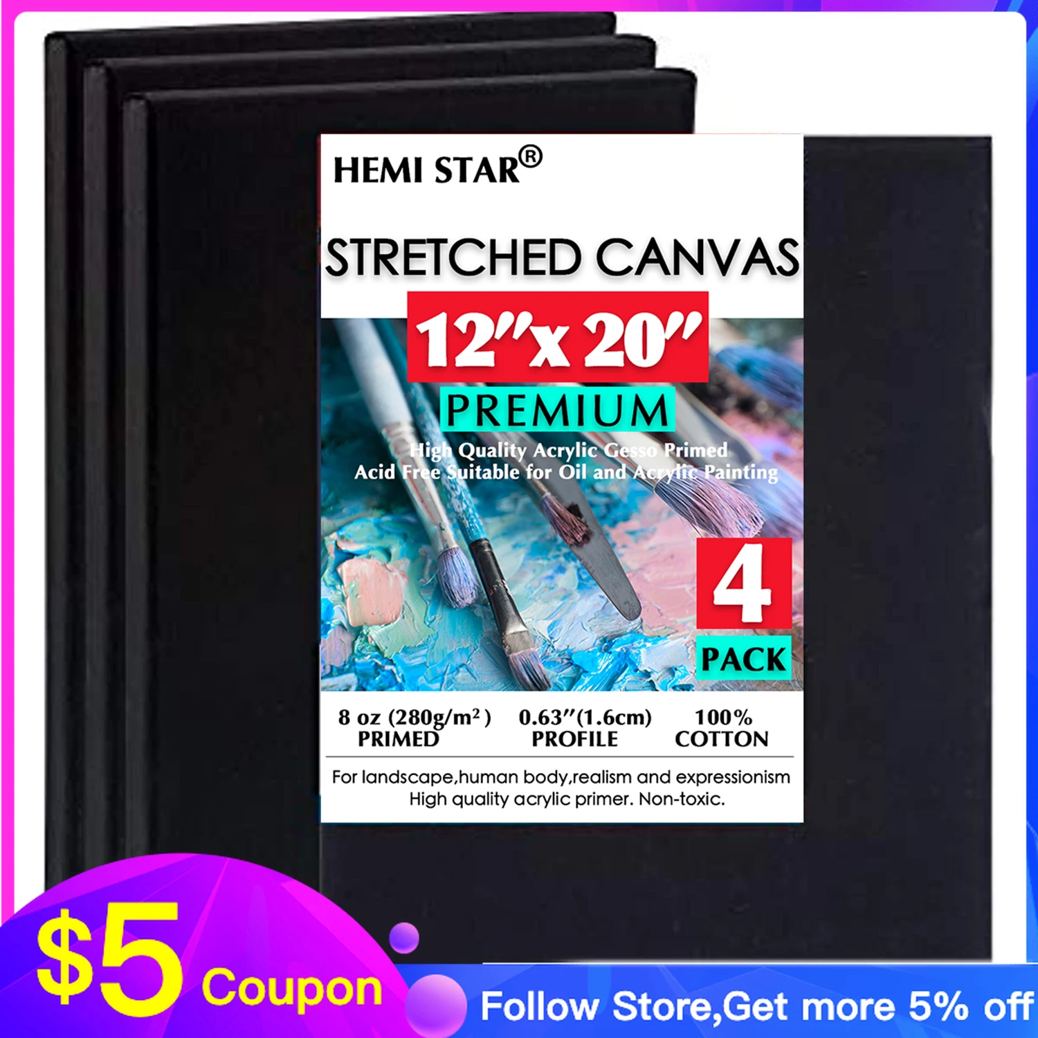 Black Paint Canvas for Painting, Pack of 4, Blank Black Canvas 100% Cotton Stretched Canvas, 8 oz Gesso-Primed 12x20in (30x50cm)
Black Paint Canvas for Painting, Pack of 4, Blank Black Canvas 100% Cotton Stretched Canvas, 8 oz Gesso-Primed 12x20in (30x50cm)