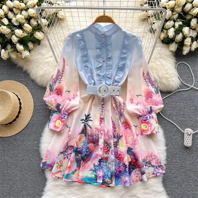Spring Vintage Ruffles Stitching Flower Print Women Short Dress Stand Collar Single-breasted Long Sleeve Ladies Dresses Vestidos
Spring Vintage Ruffles Stitching Flower Print Women Short Dress Stand Collar Single-breasted Long Sleeve Ladies Dresses Vestidos