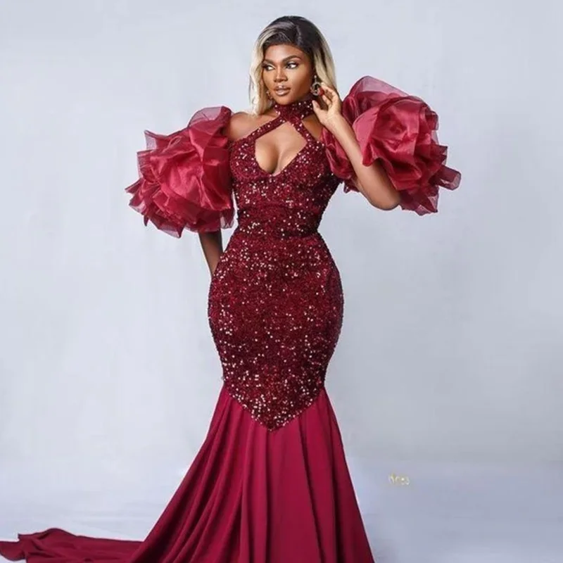 

Burgundy Sequined Mermaid Evening Dresses Sexy Dark Red Ruffles Sleeve Long Prom Dress for Black Girls Robes de soirée Plus Size