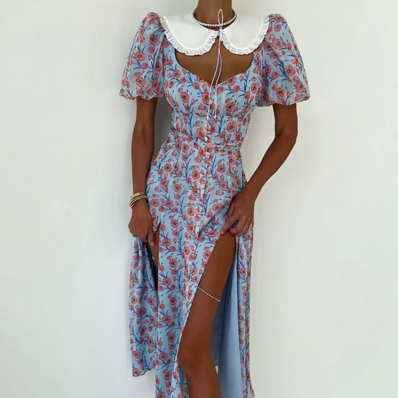 Elegant Fashion Court Style Puff Sleeve Turn Down Collar High Waist Slit Dress Women Summer Floral Print Corset Party Dress
Elegant Fashion Court Style Puff Sleeve Turn Down Collar High Waist Slit Dress Women Summer Floral Print Corset Party Dress