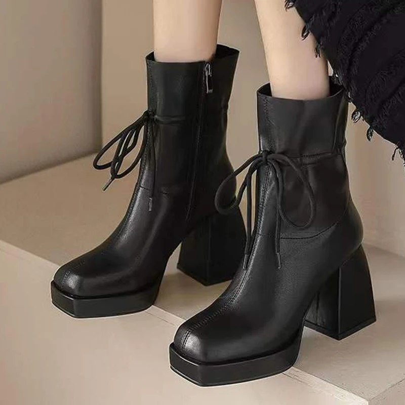 Women Mid Calf Boots British Style Classic Black White Chunky Heels Bandage Autumn Waterproof Shoes Bota Feminina Botines Mujer
Women Mid Calf Boots British Style Classic Black White Chunky Heels Bandage Autumn Waterproof Shoes Bota Feminina Botines Mujer