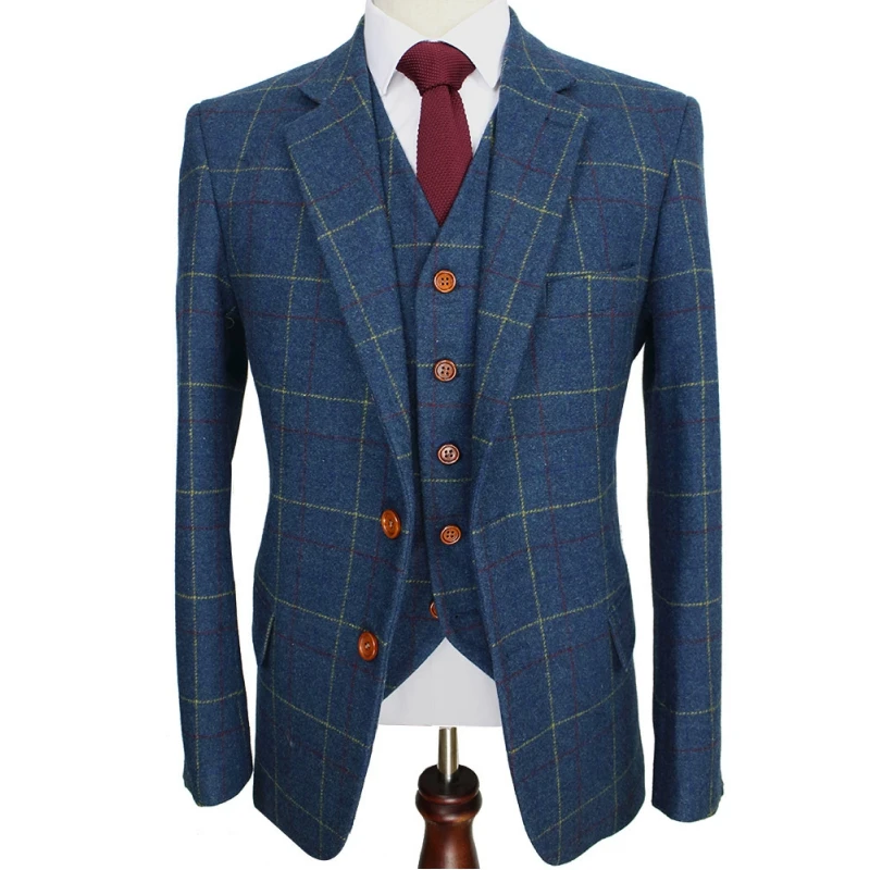 

Lansboter Blue Ckeck Tweed Custom Made Men Suit Blazers Retro Tailor Slim Fit Wedding Suits For 3 Piece Jacket Pants Vest