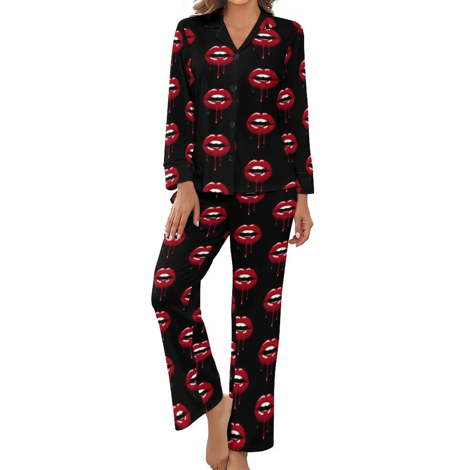 Red Dripping Lips Pajamas Spring 2 Pieces Glamour Print Elegant Pajama Sets Women Long-Sleeve V Neck Sleep Printed Nightwear
Red Dripping Lips Pajamas Spring 2 Pieces Glamour Print Elegant Pajama Sets Women Long-Sleeve V Neck Sleep Printed Nightwear