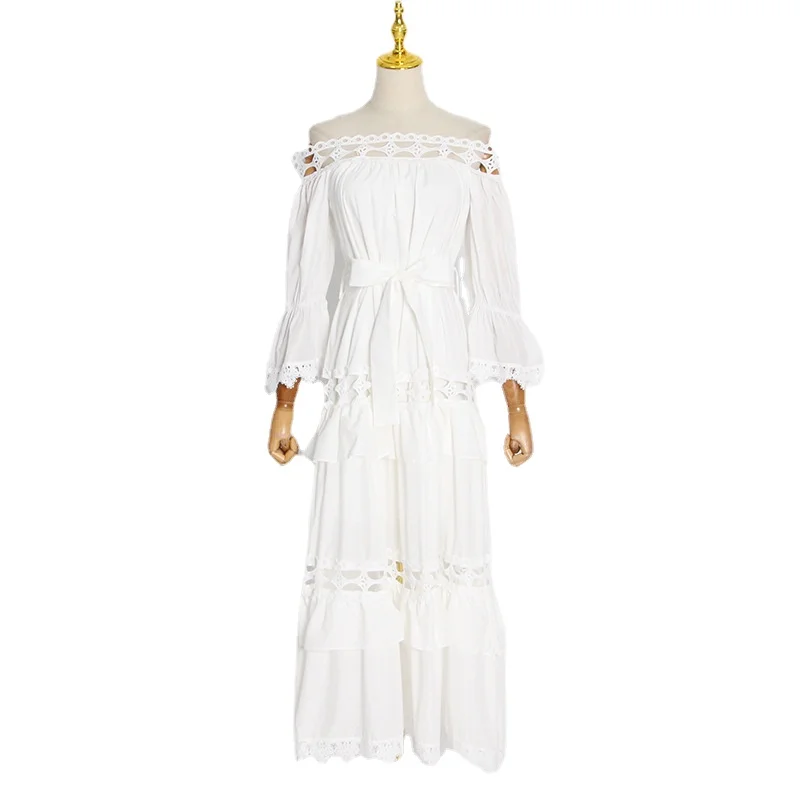 French Retro Court Style Dress 2022 Autumn New Slash Neck Hollow Hook Flower Lace Ruffle Solid Color Maxi Long White Black Dress
French Retro Court Style Dress 2022 Autumn New Slash Neck Hollow Hook Flower Lace Ruffle Solid Color Maxi Long White Black Dress