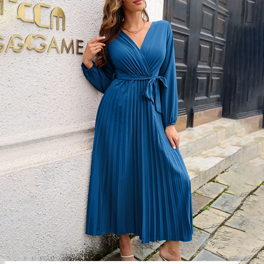 Spring Autumn Long Sleeve Pleated Maxi Dress for Women Elegant V-neck Sashes High Waist Vintage Female Holiday Party Dresses new 
Spring Autumn Long Sleeve Pleated Maxi Dress for Women Elegant V-neck Sashes High Waist Vintage Female Holiday Party Dresses new