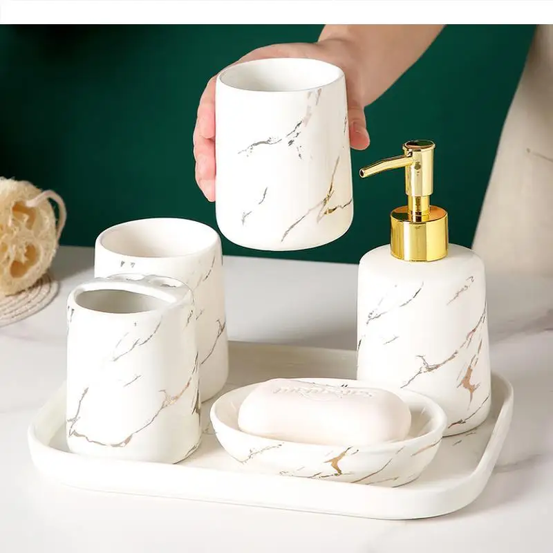 Marbling Ceramic Bathroom 5-piece Set with Tray Mouth Cup Set Bathroom Wash Supplies Lotion Bottle Toothbrush Holder Soap Dish
Marbling Ceramic Bathroom 5-piece Set with Tray Mouth Cup Set Bathroom Wash Supplies Lotion Bottle Toothbrush Holder Soap Dish