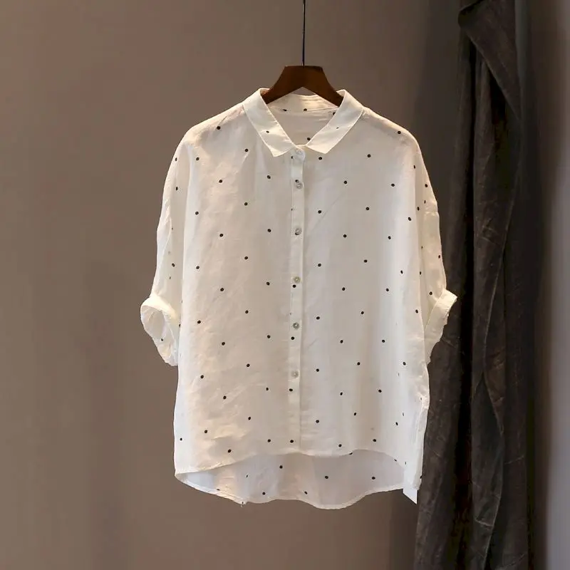 Cotton Linen Shirts Women Fashion Polka Dot Print Polo Collar Shirt Loose Oversized Lantern Sleeve Half Sleeve Blouse Summer Top
Cotton Linen Shirts Women Fashion Polka Dot Print Polo Collar Shirt Loose Oversized Lantern Sleeve Half Sleeve Blouse Summer Top