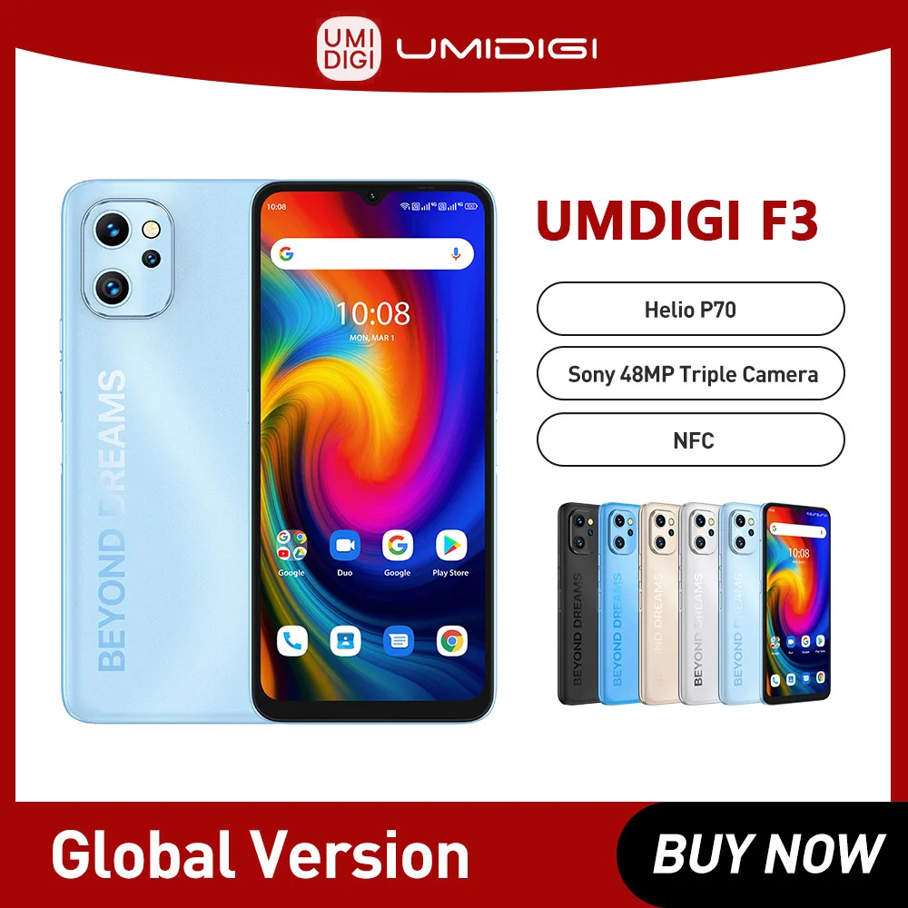 

UMIDIGI F3 Smartphone Unlocked Phone Android 11 8GB 128GB Helio P70 6.7" Display 48MP AI Triple Camera 5150mAh Cellular NFC