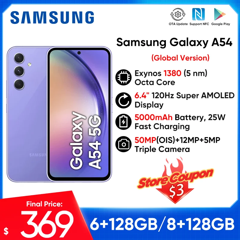 2023 Samsung Galaxy A54 5G Smartphone Android 13 Exynos 1380 Octa-core 120Hz Super AMOLED 5000mAh 25W Fast Charge Mobile Phone
2023 Samsung Galaxy A54 5G Smartphone Android 13 Exynos 1380 Octa-core 120Hz Super AMOLED 5000mAh 25W Fast Charge Mobile Phone