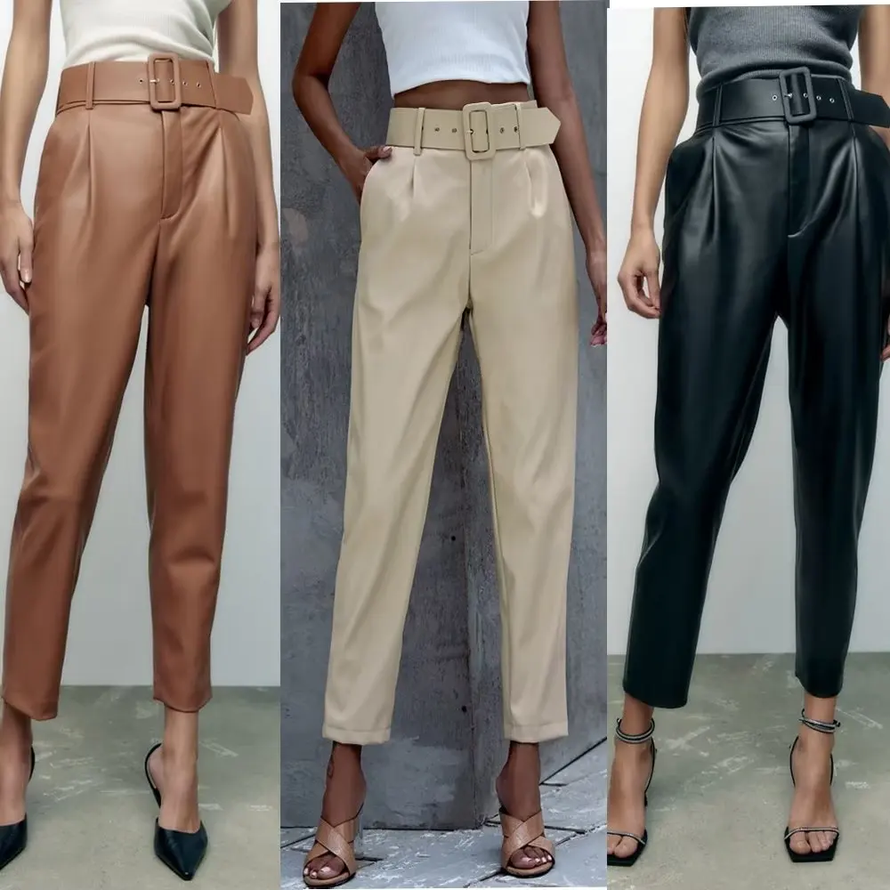 Women New Fashion Belt decoration Faux leather Pleated Slim Pants Vintage High Waist Side Pockets Zipper Female Trousers Mujer
Women New Fashion Belt decoration Faux leather Pleated Slim Pants Vintage High Waist Side Pockets Zipper Female Trousers Mujer