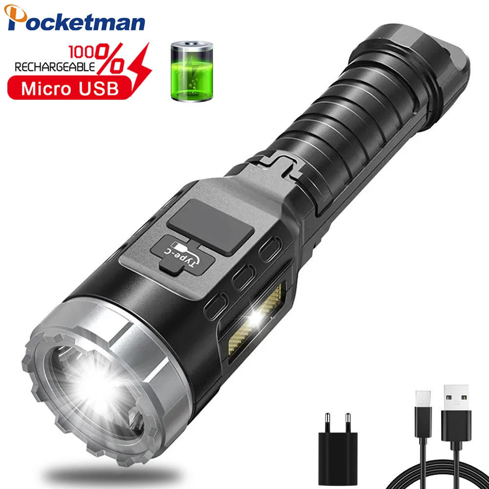

Flashlights USB Rechargeable Flashlight 4 Modes Waterproof Torch LED Flashlight Camping Flashlight with COB Side Light