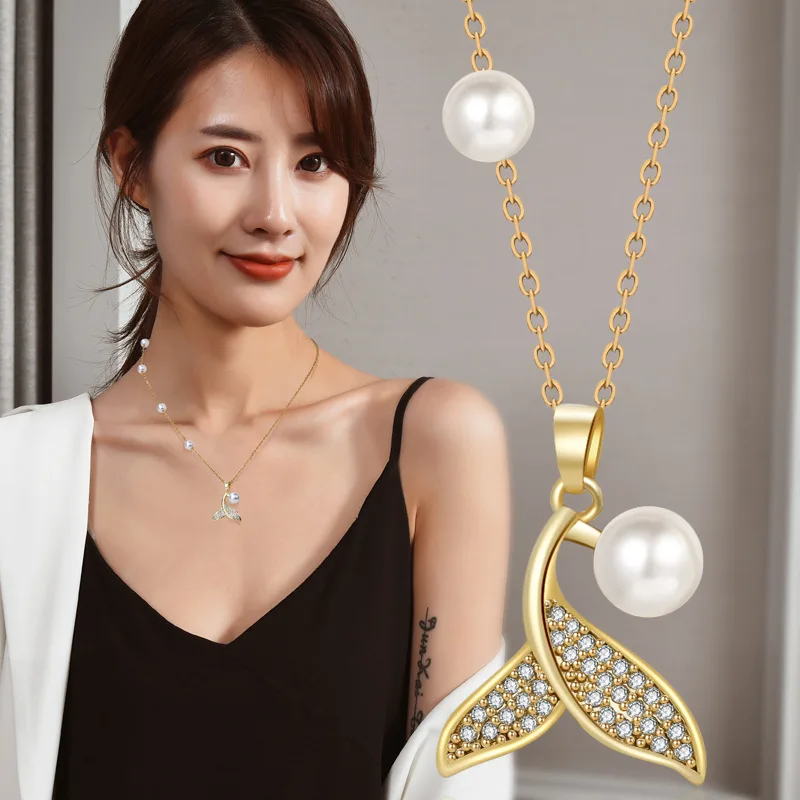 

New Fishtail Pearl Pendant Necklace Korean Version Fashion Collarbone Chain Necklace for Women Fine Jewelry Choker Necklace