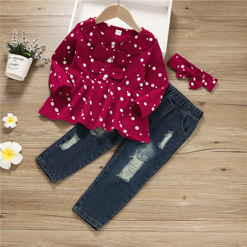6-36 Months Baby Girls 3pcs Clothes Set Dots Printed Pattern Pullover Elastic Waist Jeans and Headdress Girls Spring Fall Set
6-36 Months Baby Girls 3pcs Clothes Set Dots Printed Pattern Pullover Elastic Waist Jeans and Headdress Girls Spring Fall Set