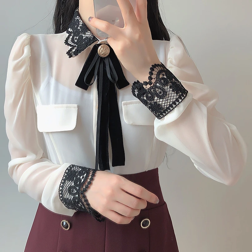 Womens Basic Office Lady Work Wear Sexy Transaprent Cute Bow Tie Top Black Lace Button Up Solid Color Shirts Blouse Ladies 87F
Womens Basic Office Lady Work Wear Sexy Transaprent Cute Bow Tie Top Black Lace Button Up Solid Color Shirts Blouse Ladies 87F