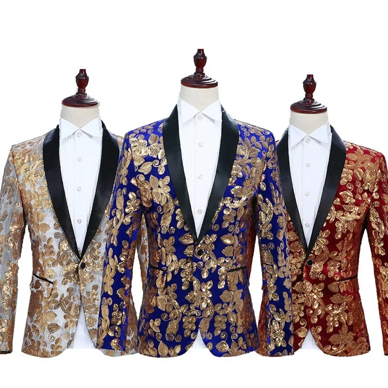 

Suits Coats Blazers Single Button Mens Blazer Jacket Men Perform Sequined Blue Red Black Flower Men Blazers Party Stage Coat