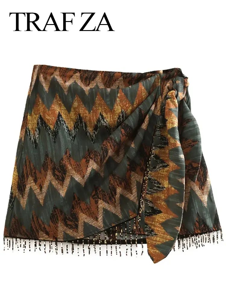 

TRAF ZA Fashion Waist Asymmetric Pleated Hem Fringe Women's Short Skirt Retro Trend Vacation Tribal Print Ladies Bottom Skirt