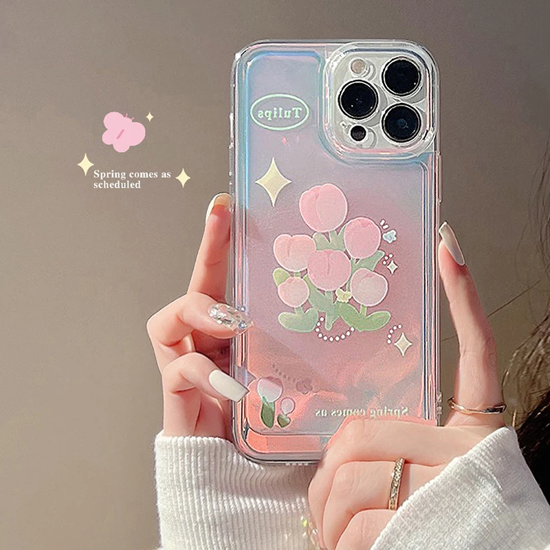 

Laser Personalized Pink Tulip Soft Silicone Phone Case For IPhone8 7 11 12 13 Pro Max X XS Max XR Plus SE2 SE3 7Plus MINI