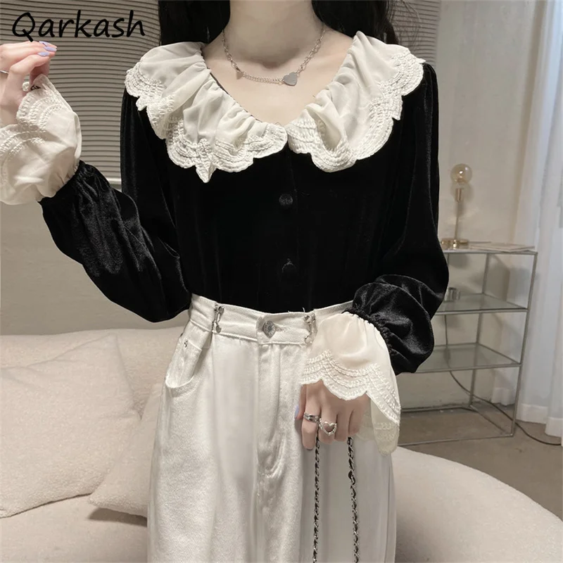 Shirts Women Petal Sleeve Retro Classy Patchwork Velvet Elegant Straight Black Spring Blusas Female Ulzzang Casual Cozy New Tops
Shirts Women Petal Sleeve Retro Classy Patchwork Velvet Elegant Straight Black Spring Blusas Female Ulzzang Casual Cozy New Tops