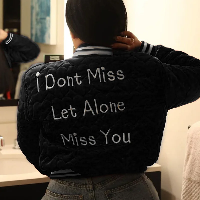 Letter Baseball Jacket Women 2023 I Dont Miss Let Alone Miss You Streetwear Coats Woman Embroidery Long Sleeve Winter Outwear
Letter Baseball Jacket Women 2023 I Dont Miss Let Alone Miss You Streetwear Coats Woman Embroidery Long Sleeve Winter Outwear