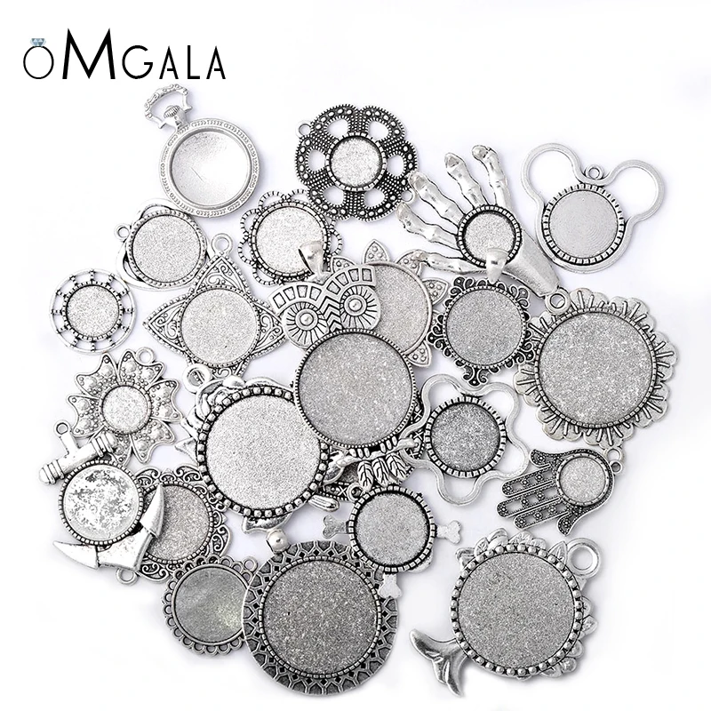 

30g Random Antique Silver Color Pierced Mixed Size 5-200 Style Cabochon Base Setting Charms Pendant 1B