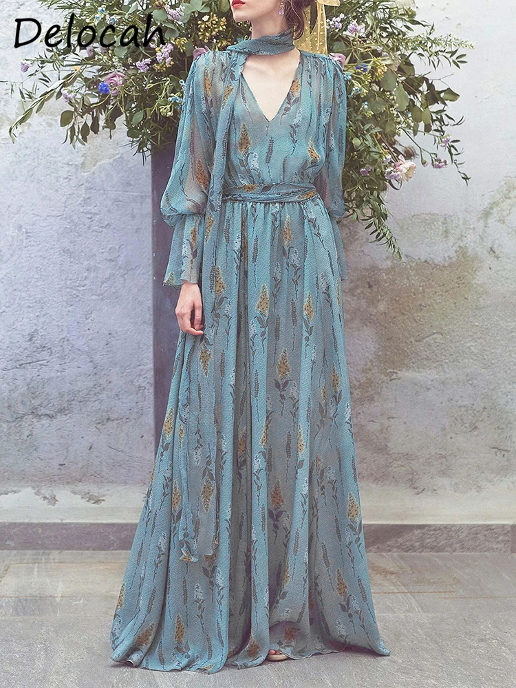 

Delocah высококачественное летнее женское модное дизайнерское пляжное праздничное платье с длинным Расклешенным рукавом голубое платье с цветочным принтом
