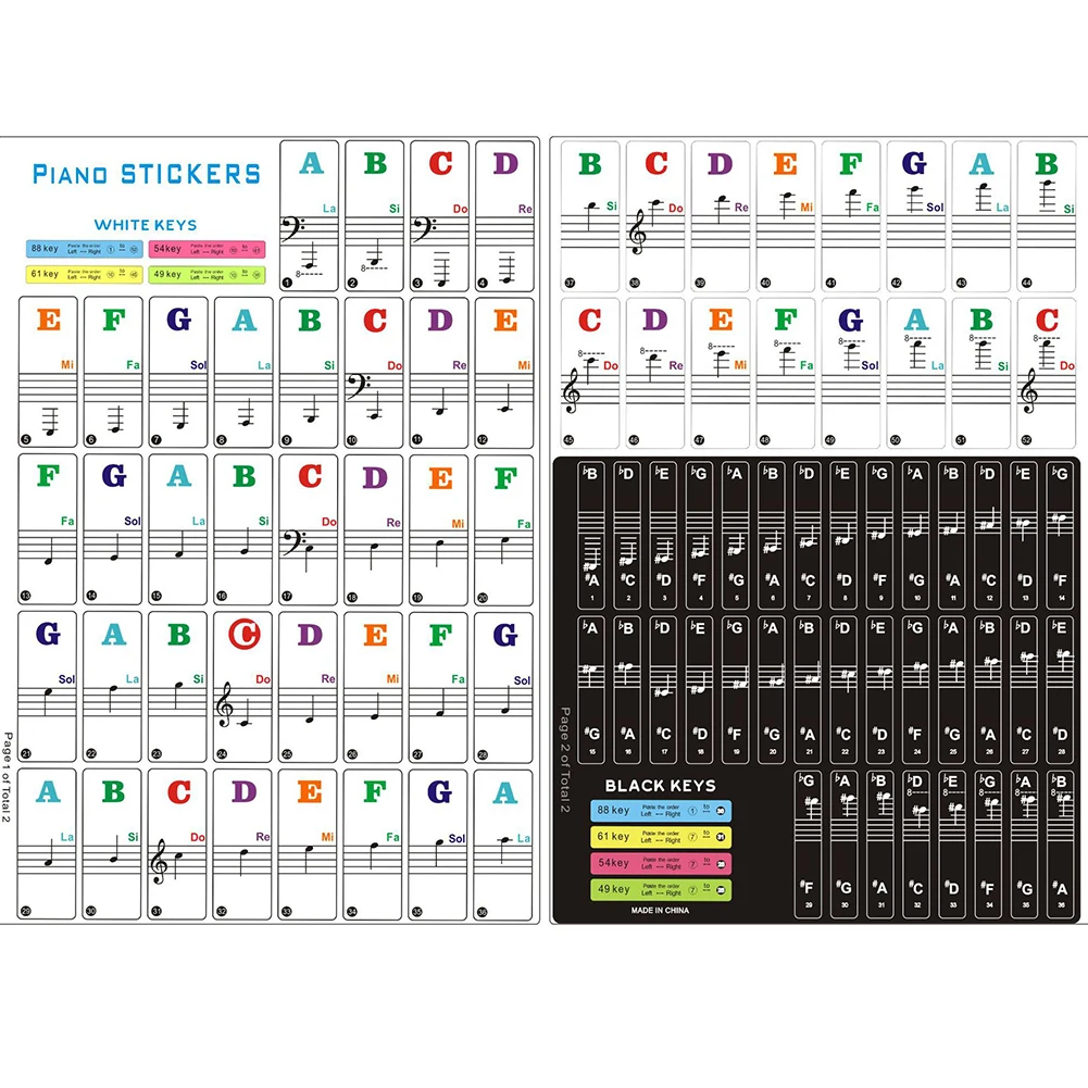 

Colorful Piano Stickers For 49/54/61/88 Key Keyboards Transparent Removable Piano Stave Note Sticker Symbol For White Keys